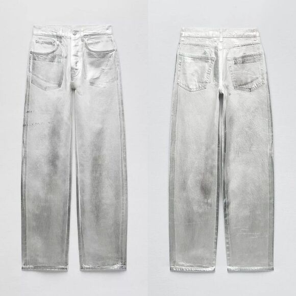 🆕️ Zara Boy Boy Metallic High Rise Relaxed Fit Jeans in Silver - Picture 4 of 15